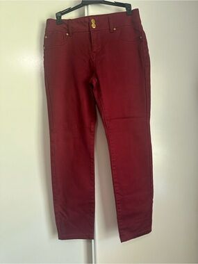 IMAN Wine-Red Skinny Pants with Gold Hardware